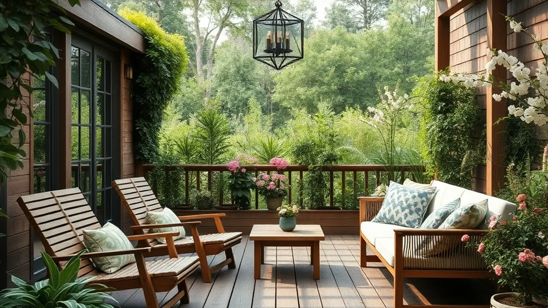 Terrasse extérieure équipée de meubles et de végétaux