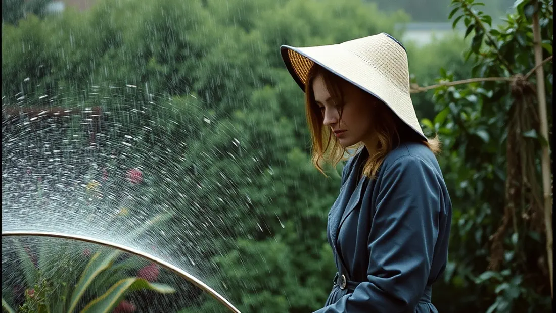 Femme arrosant jardin sous la pluie