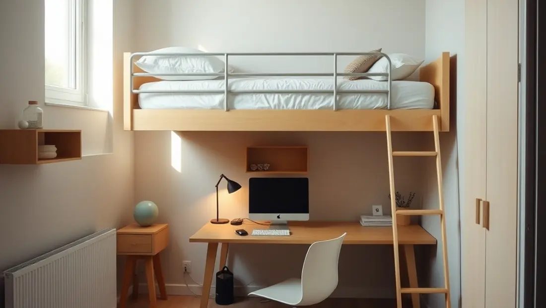 Chambre spacieuse avec lit et espace de travail.