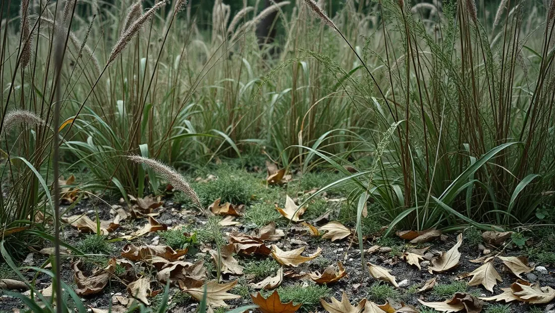 Jardin abandonné avec des herbes folles et des feuilles mortes
