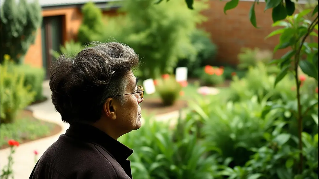 Homme regardant un jardin en désordre avec une expression de préoccupation