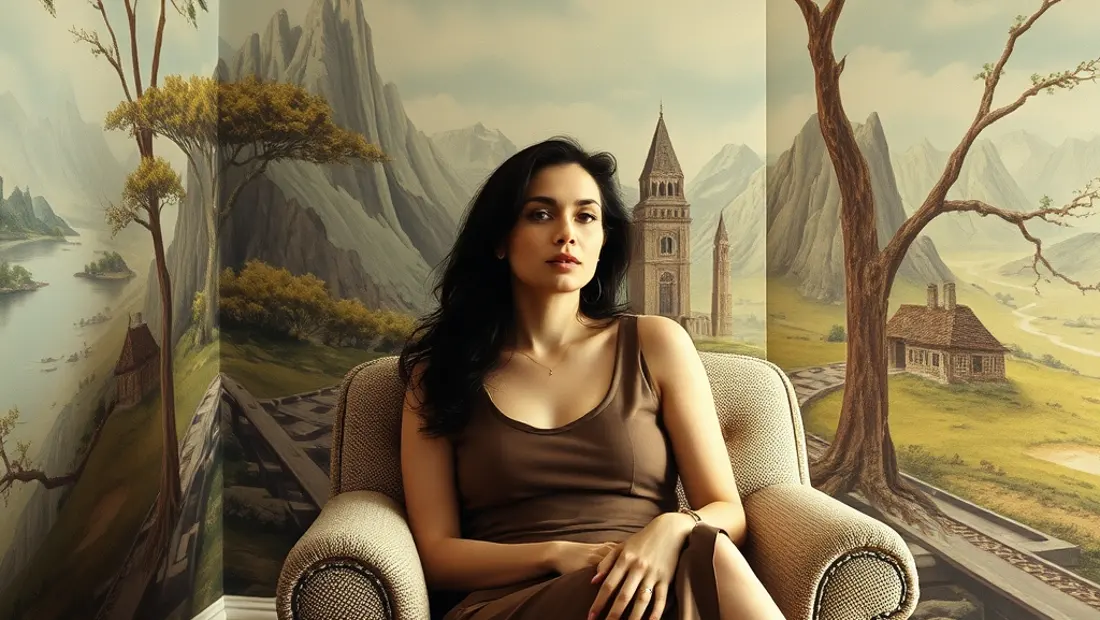 Femme dans un salon avec des murs de papier peint.