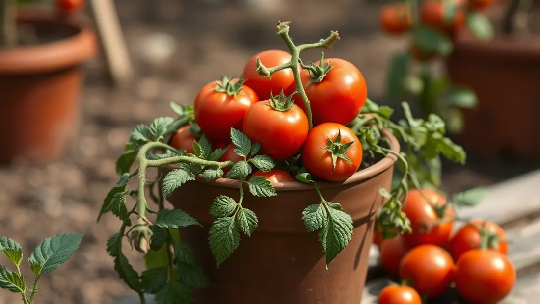 Un pot de tomate sur une planche de bois dans un jardin
