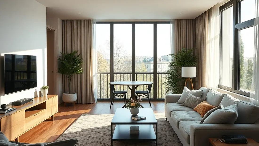 Salon d'appartement moderne avec canapé et télévision.
