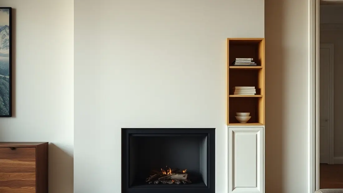 Cheminée et étagères dans une pièce contemporaine.